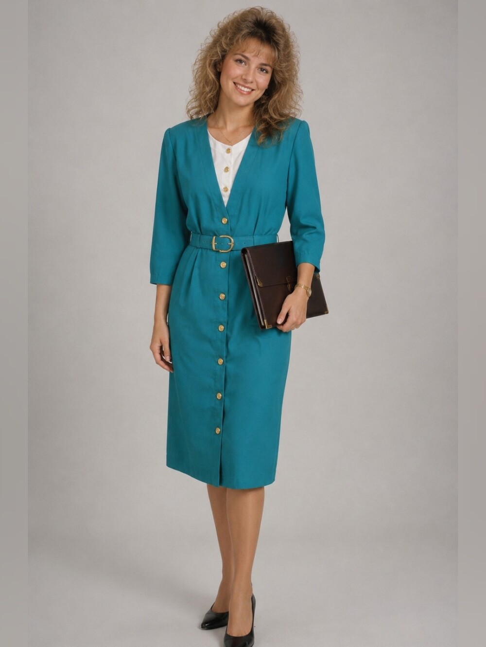 Vtg S L Fashions Green Dress Midi BeltGold Button Pockets 80s 90s Office Sz 14